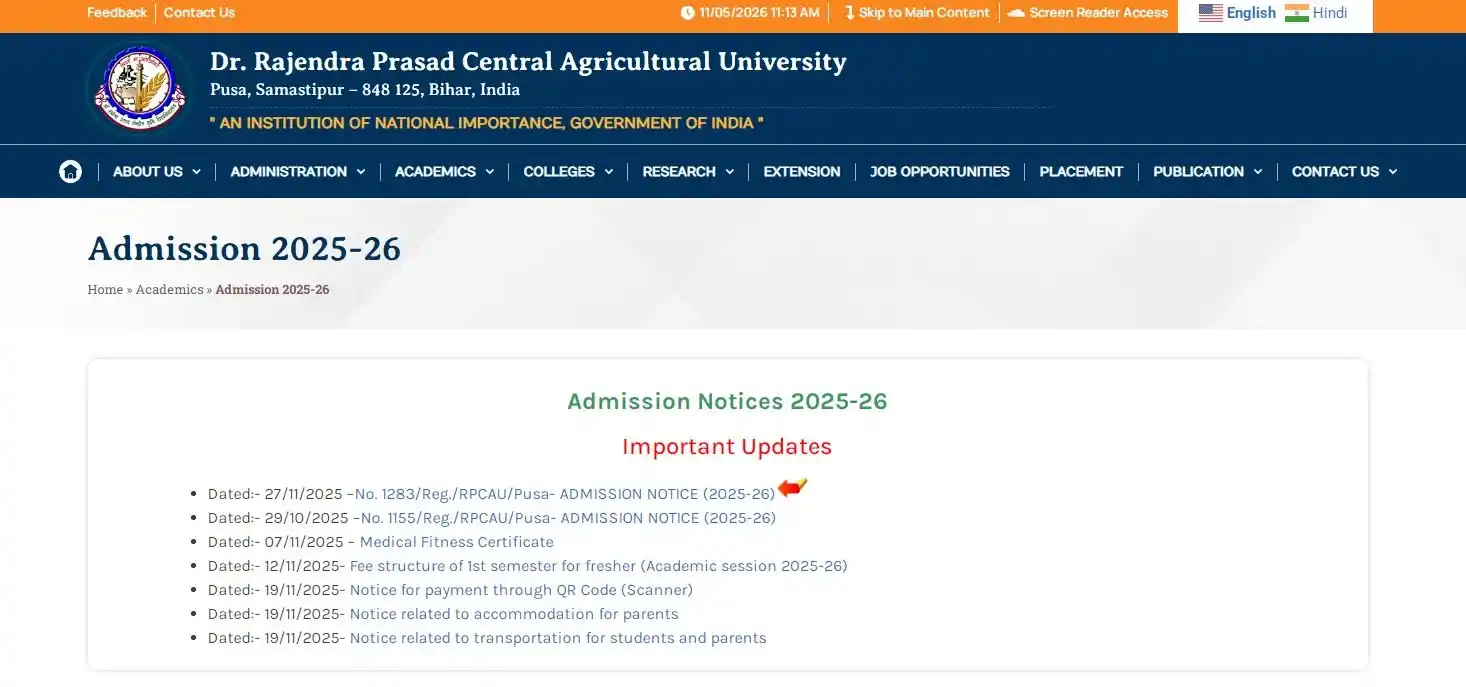 RPCAU Pusa Admission Process