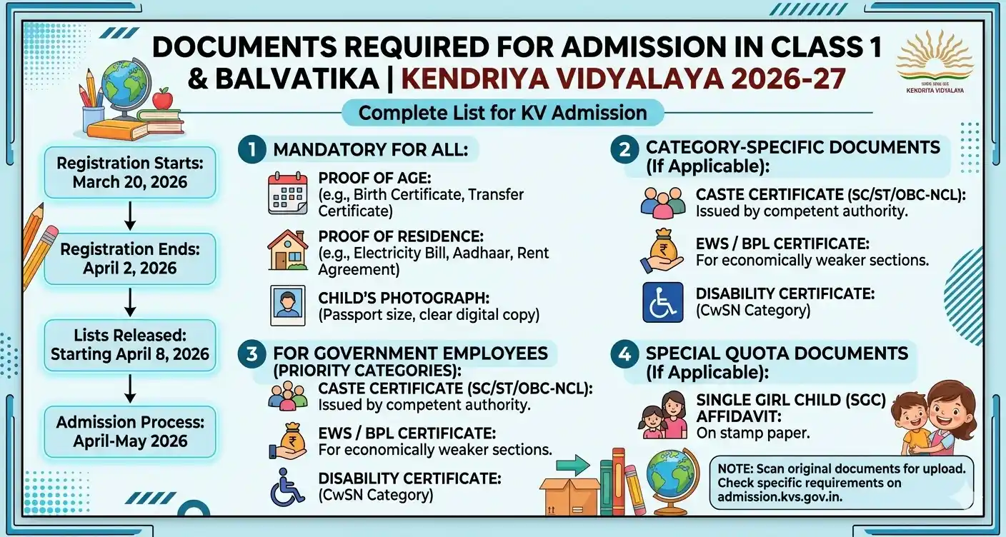 Documents Required for KV Admission in Class 1 & Balvatika Kendriya Vidyalaya 2026