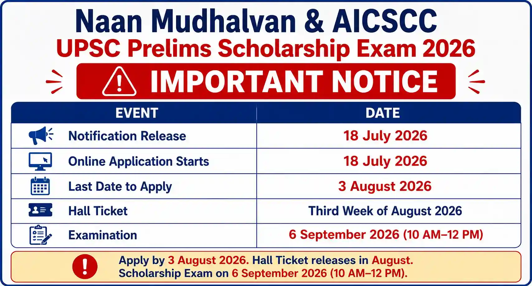 Naan Mudhalvan & AICSCC UPSC Prelims Scholarship Exam 2026